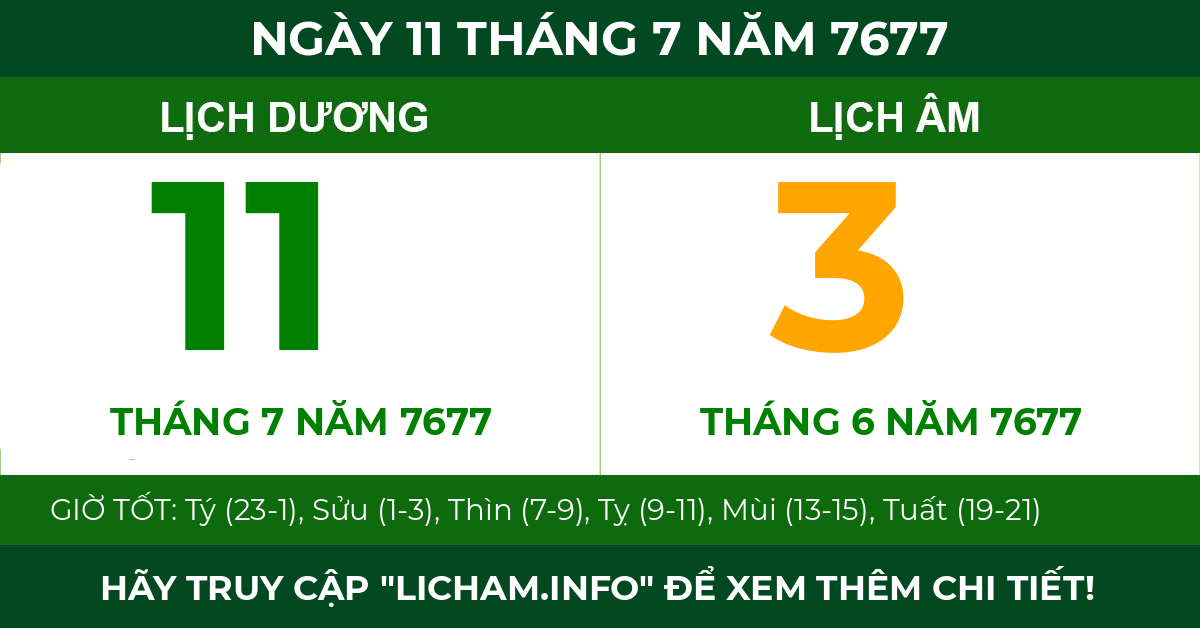 lịch âm ngày 11 tháng 7 năm 7677