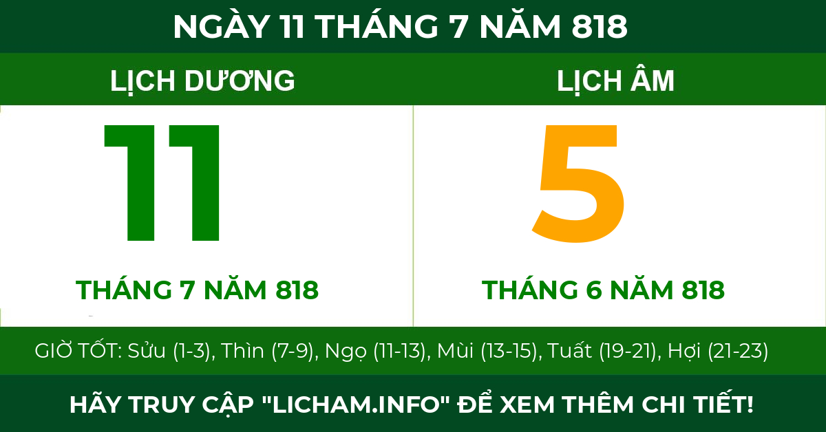 lịch âm ngày 11 tháng 7 năm 818