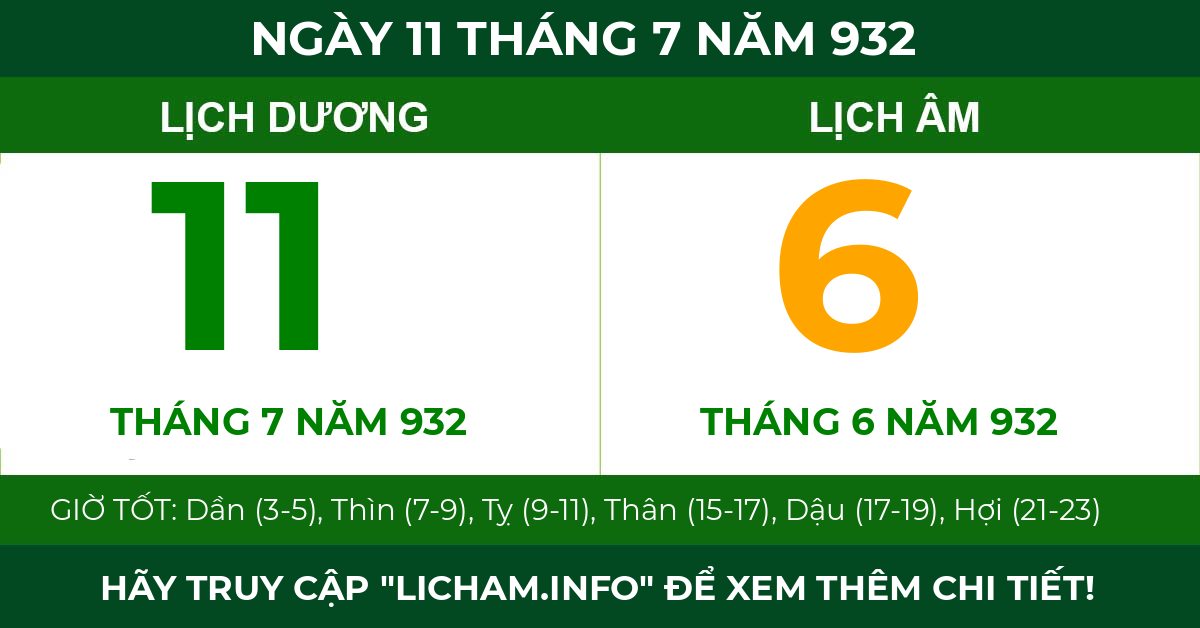 lịch âm ngày 11 tháng 7 năm 932