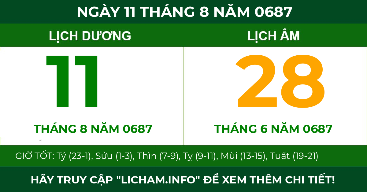 lịch âm ngày 11 tháng 8 năm 0687