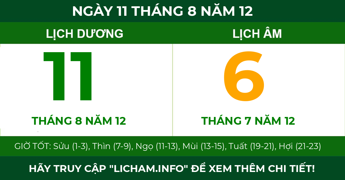 lịch âm ngày 11 tháng 8 năm 12