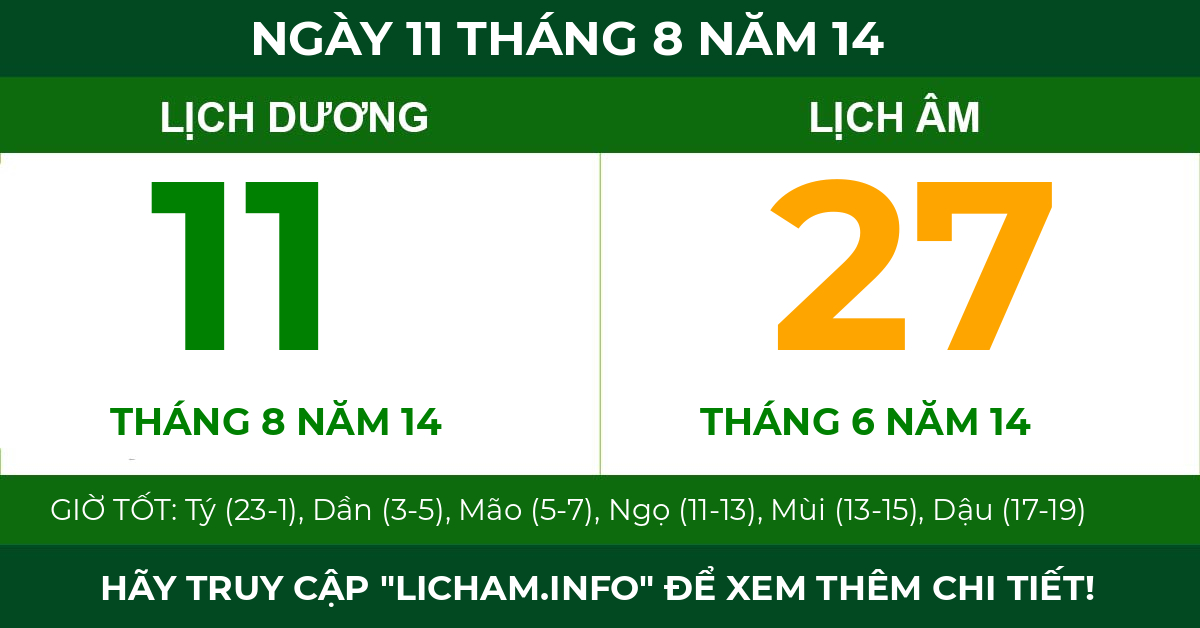 lịch âm ngày 11 tháng 8 năm 14