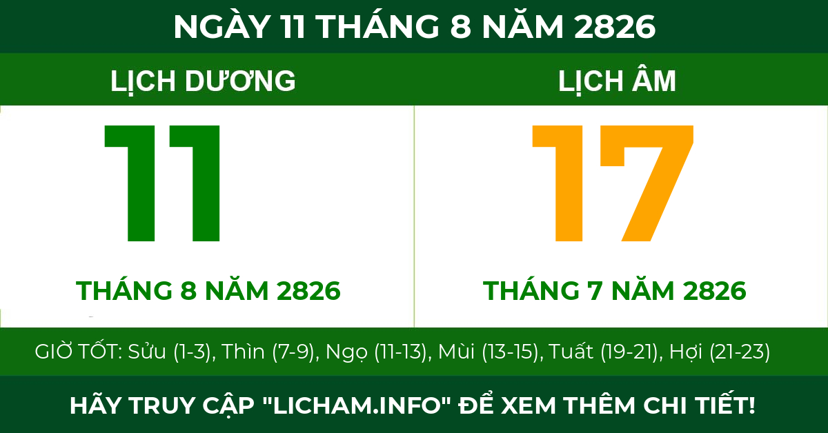 lịch âm ngày 11 tháng 8 năm 2826
