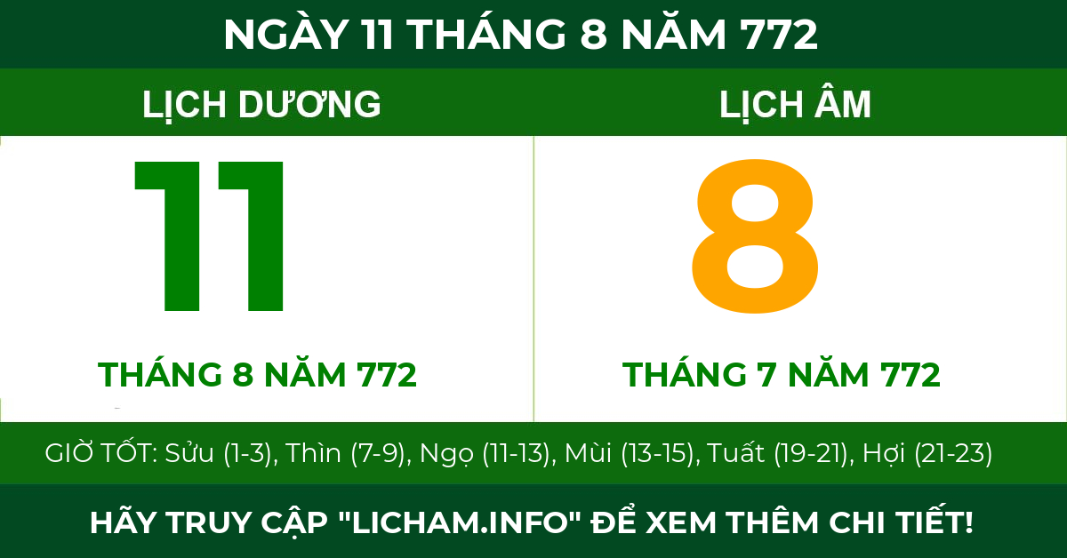 lịch âm ngày 11 tháng 8 năm 772