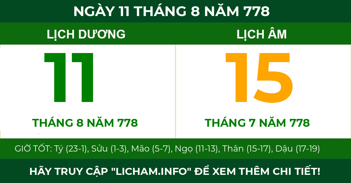 lịch âm ngày 11 tháng 8 năm 778
