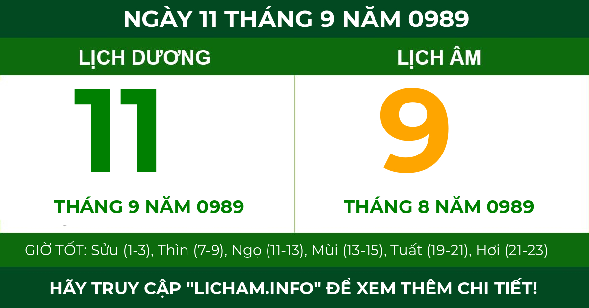 lịch âm ngày 11 tháng 9 năm 0989