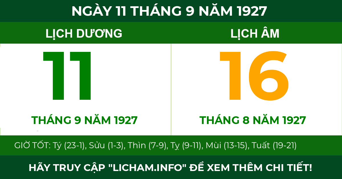 lịch âm ngày 11 tháng 9 năm 1927