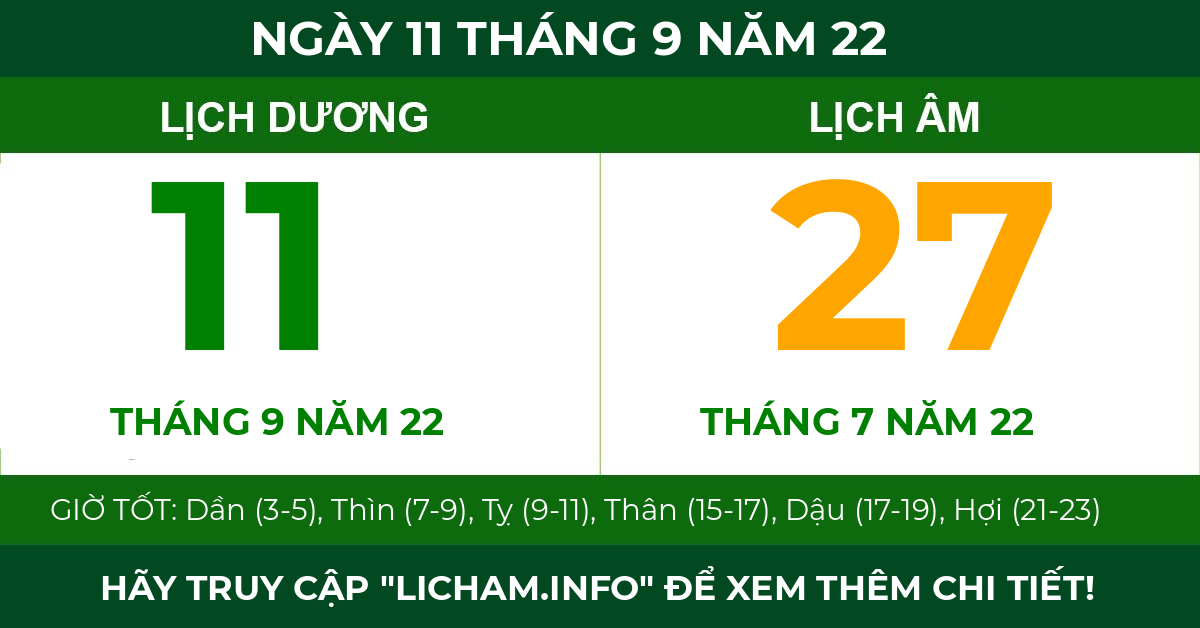 lịch âm ngày 11 tháng 9 năm 22