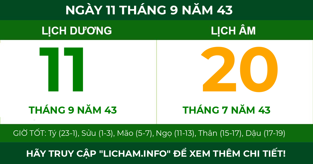 lịch âm ngày 11 tháng 9 năm 43