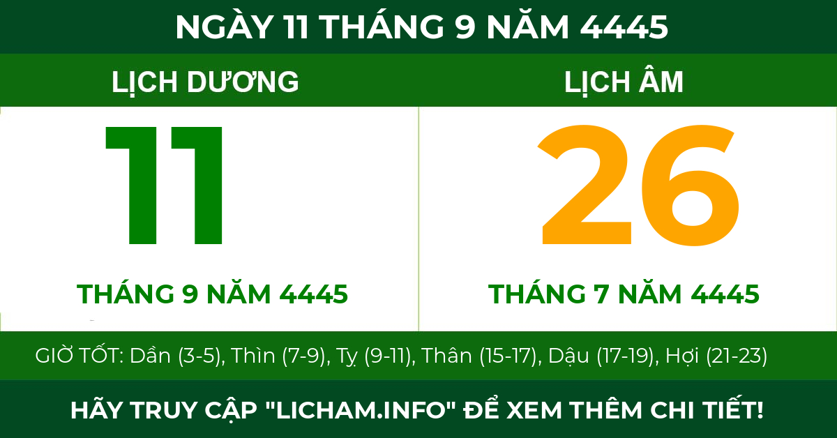 lịch âm ngày 11 tháng 9 năm 4445