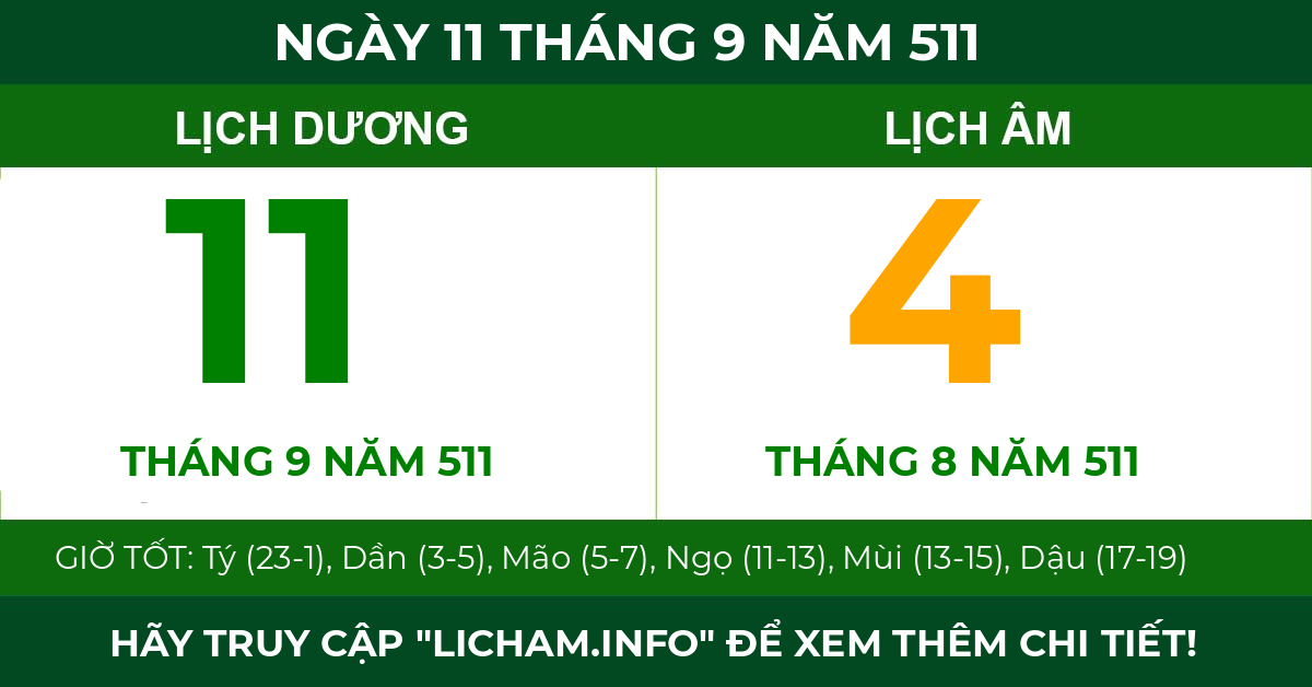 lịch âm ngày 11 tháng 9 năm 511