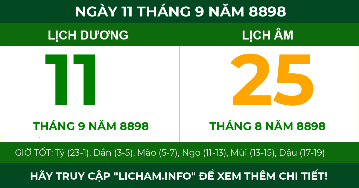 lịch âm ngày 11 tháng 9 năm 8898