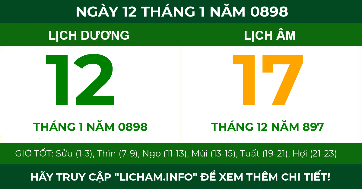 lịch âm ngày 12 tháng 1 năm 0898