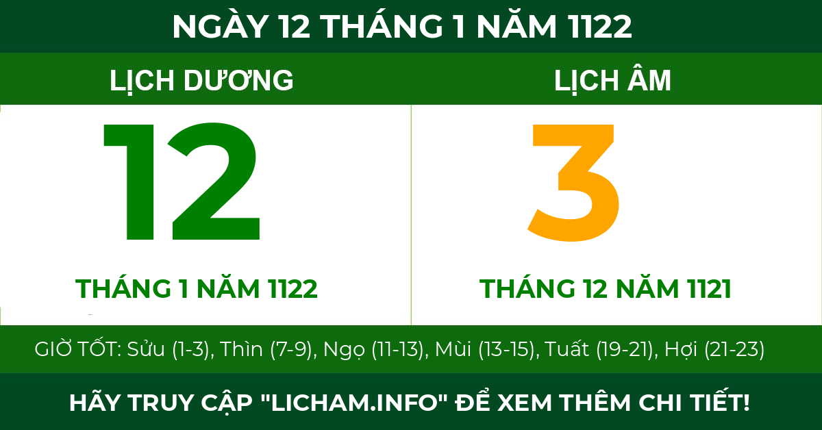 lịch âm ngày 12 tháng 1 năm 1122