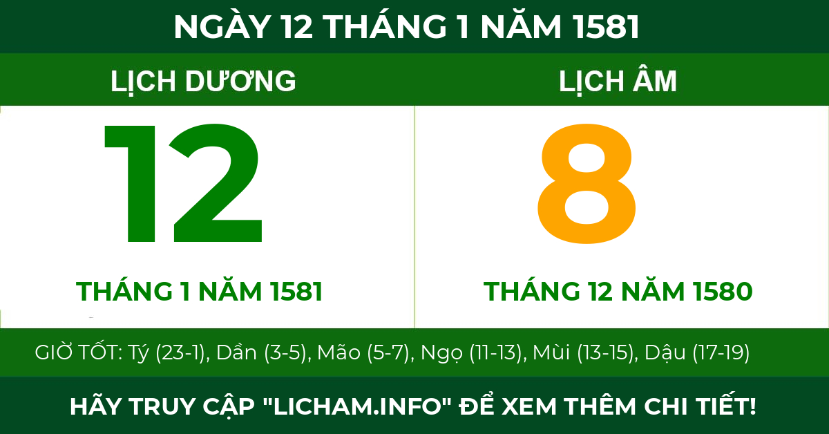 lịch âm ngày 12 tháng 1 năm 1581