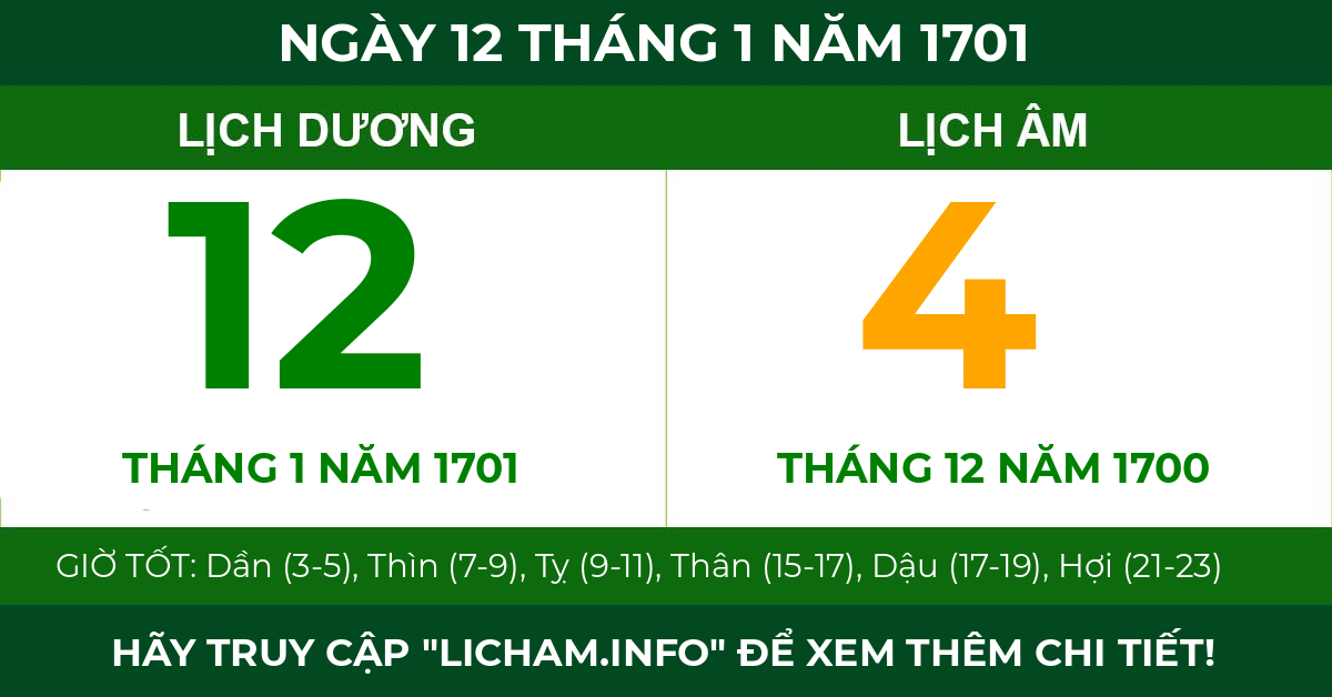 lịch âm ngày 12 tháng 1 năm 1701