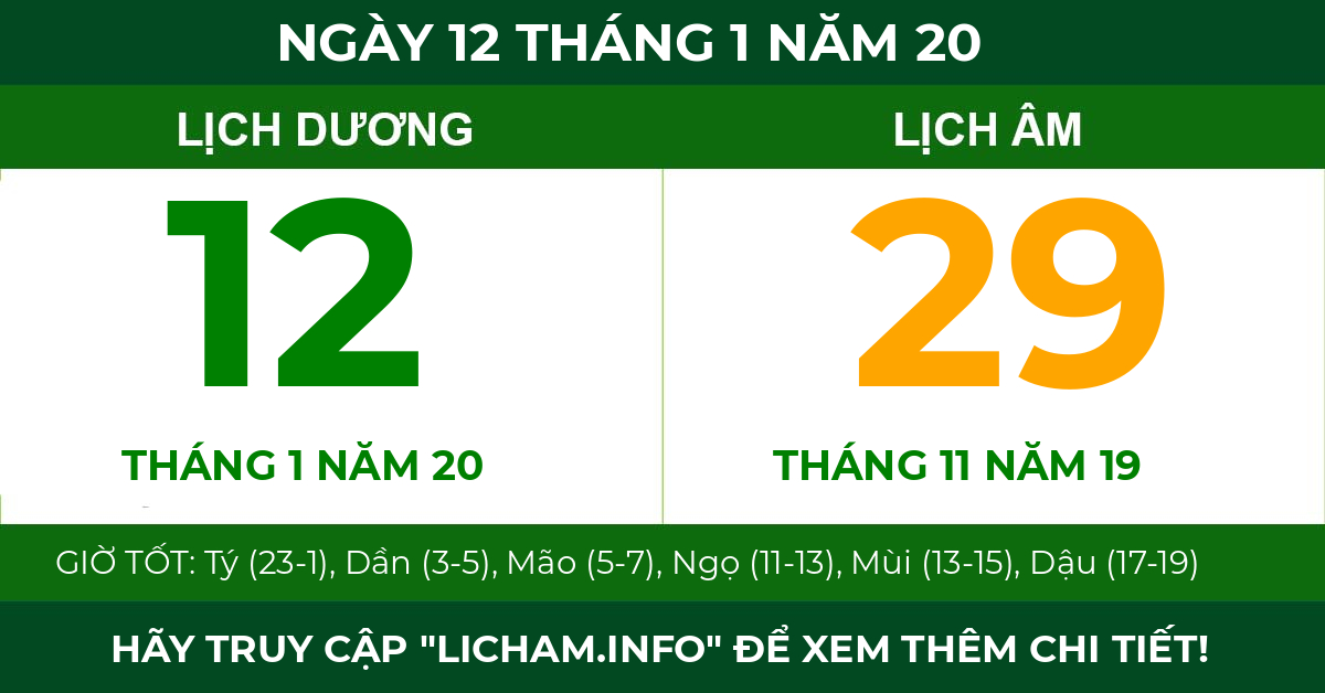 lịch âm ngày 12 tháng 1 năm 20