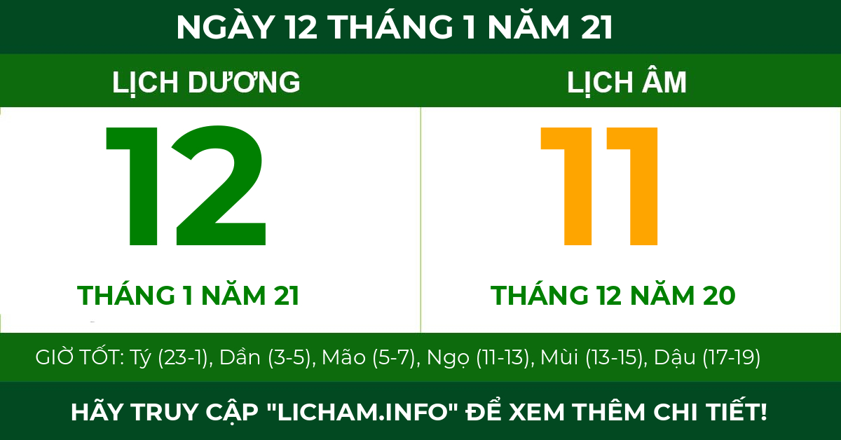 lịch âm ngày 12 tháng 1 năm 21