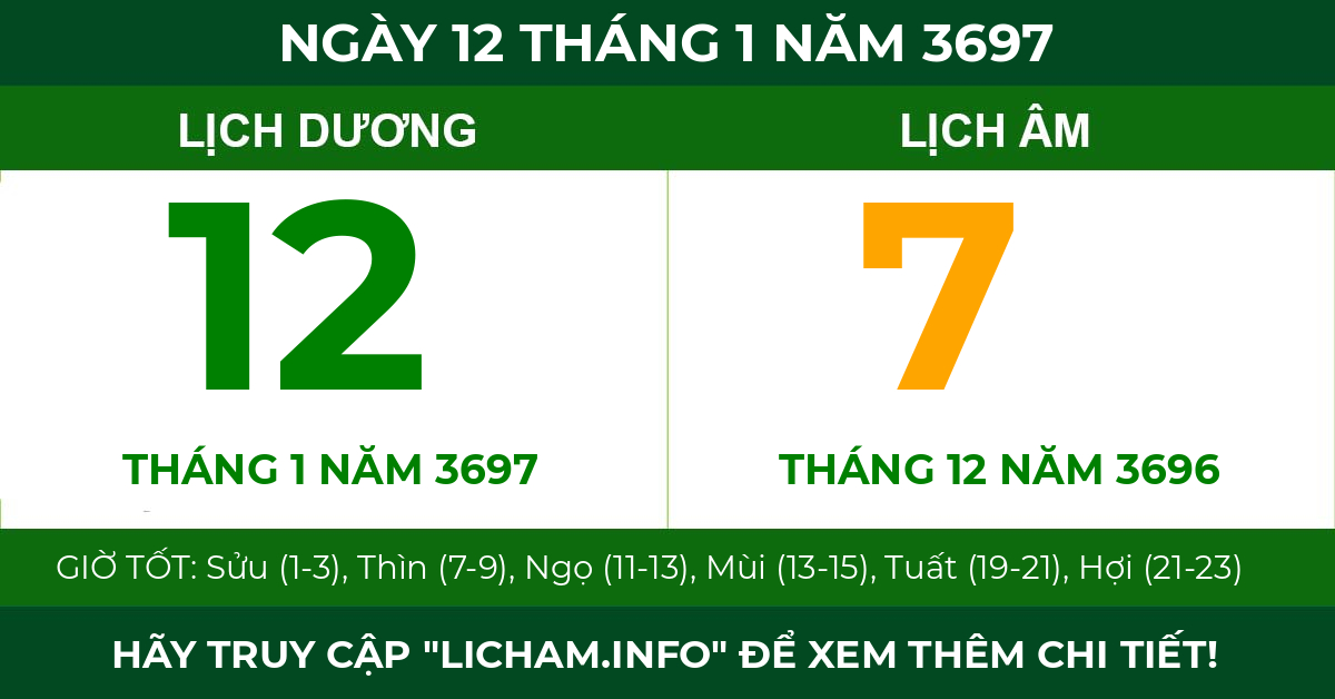 lịch âm ngày 12 tháng 1 năm 3697