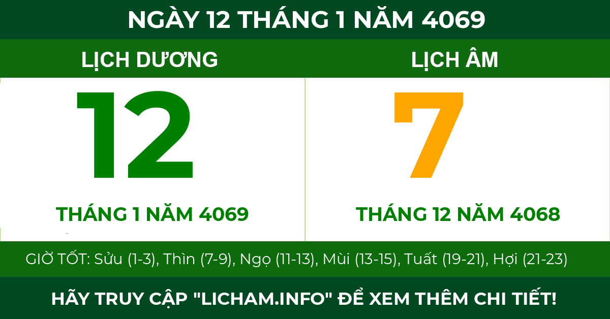 lịch âm ngày 12 tháng 1 năm 4069