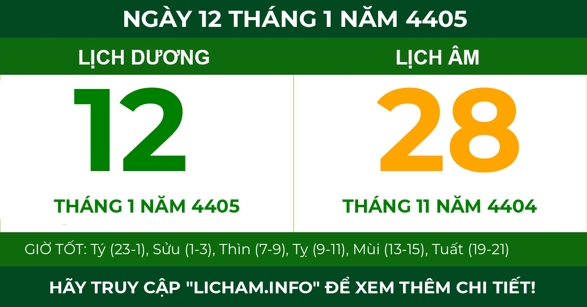 lịch âm ngày 12 tháng 1 năm 4405