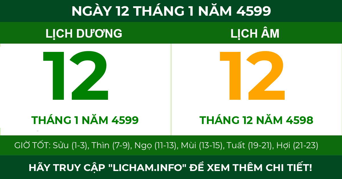 lịch âm ngày 12 tháng 1 năm 4599
