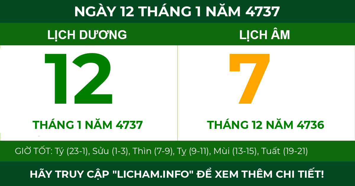 lịch âm ngày 12 tháng 1 năm 4737