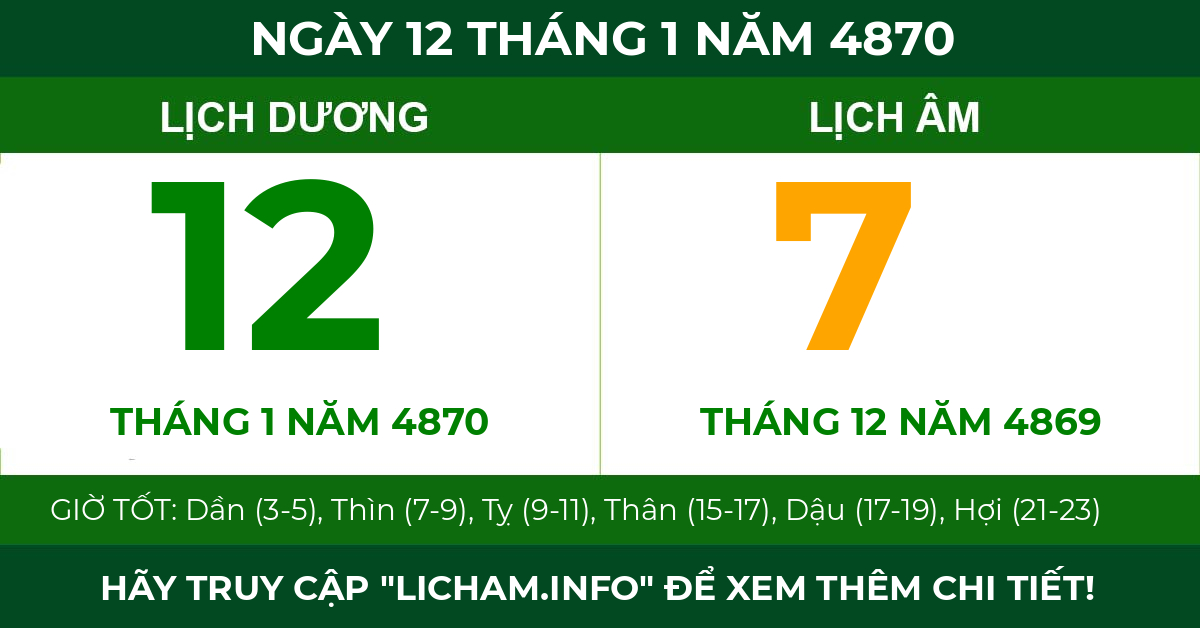 lịch âm ngày 12 tháng 1 năm 4870