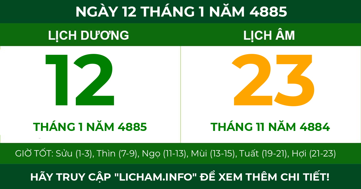 lịch âm ngày 12 tháng 1 năm 4885