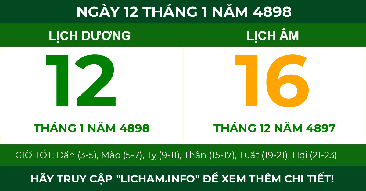 lịch âm ngày 12 tháng 1 năm 4898