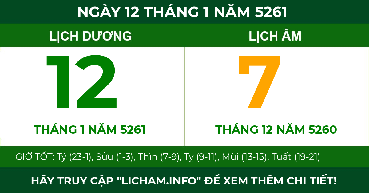 lịch âm ngày 12 tháng 1 năm 5261