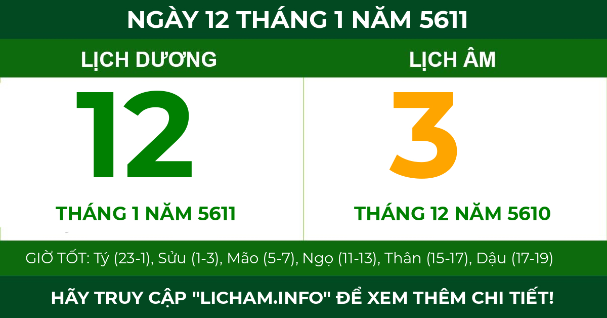 lịch âm ngày 12 tháng 1 năm 5611