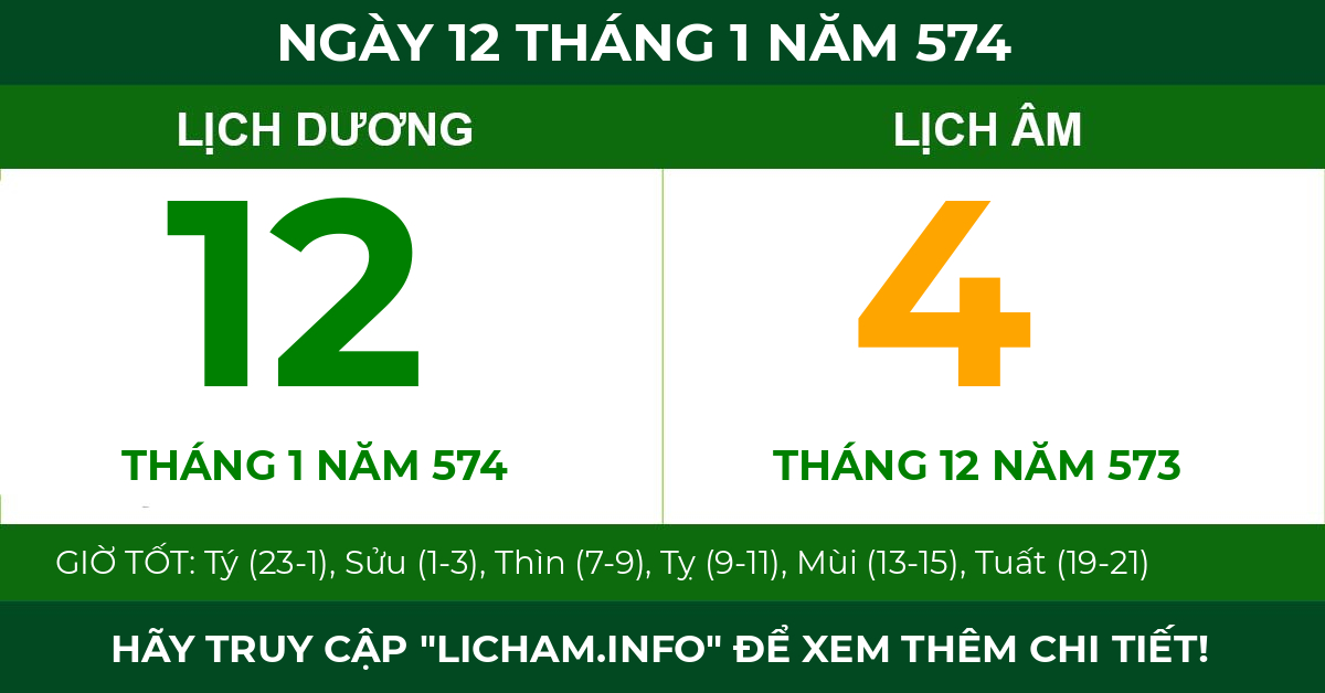 lịch âm ngày 12 tháng 1 năm 574
