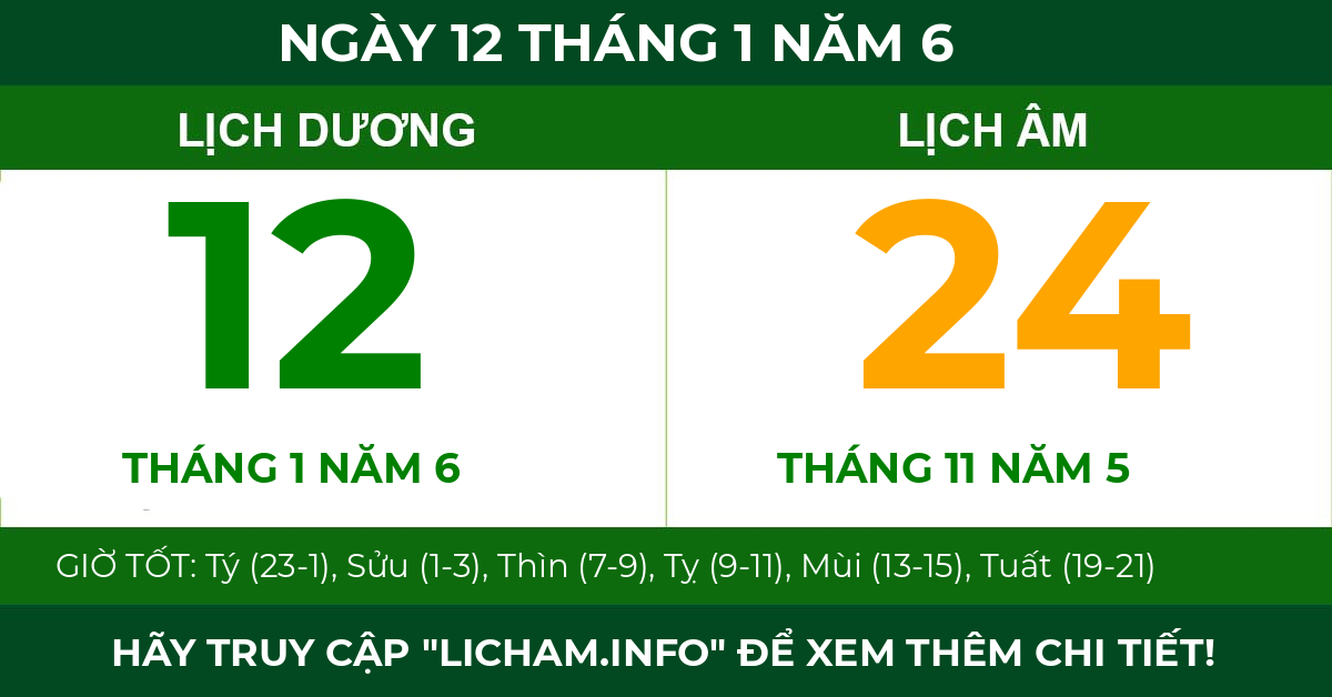 lịch âm ngày 12 tháng 1 năm 6