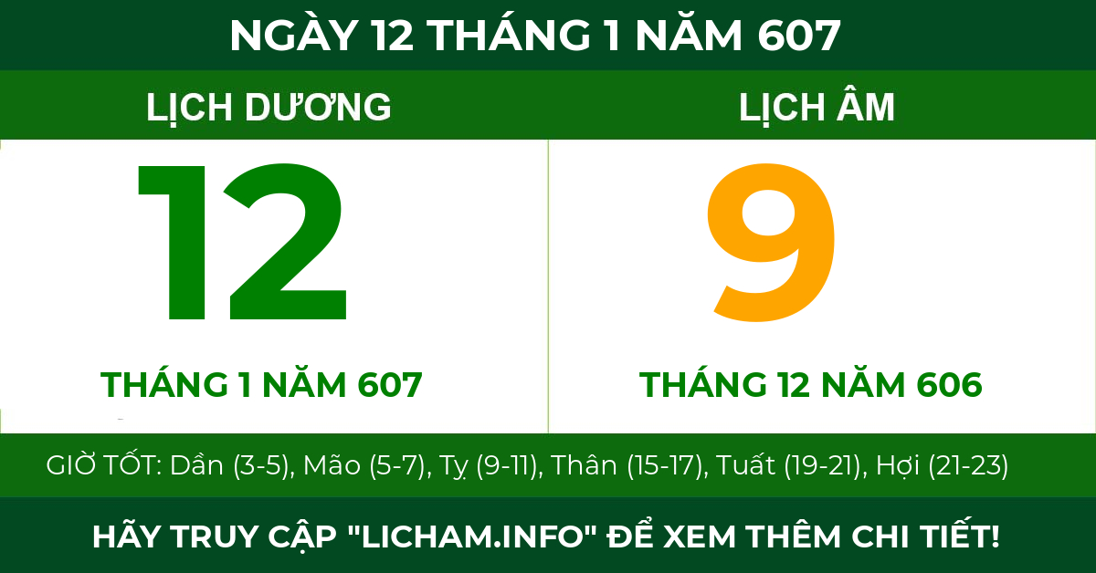 lịch âm ngày 12 tháng 1 năm 607