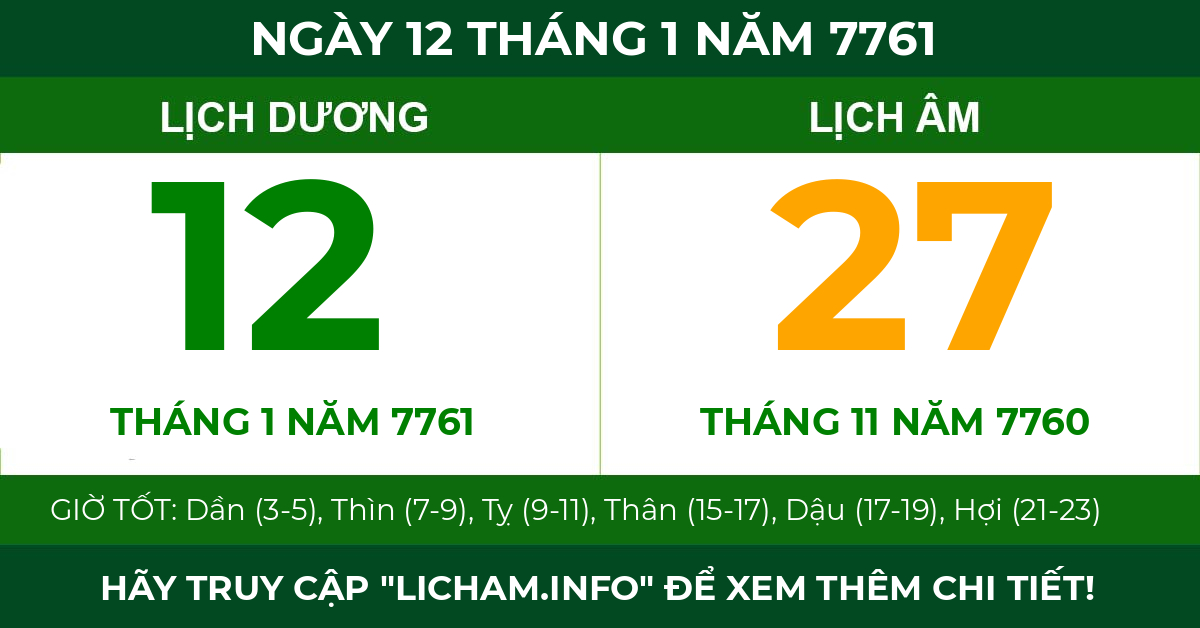 lịch âm ngày 12 tháng 1 năm 7761