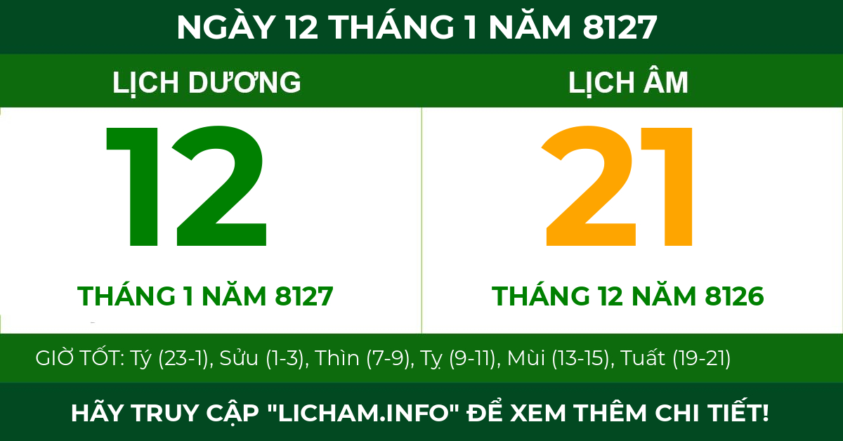 lịch âm ngày 12 tháng 1 năm 8127