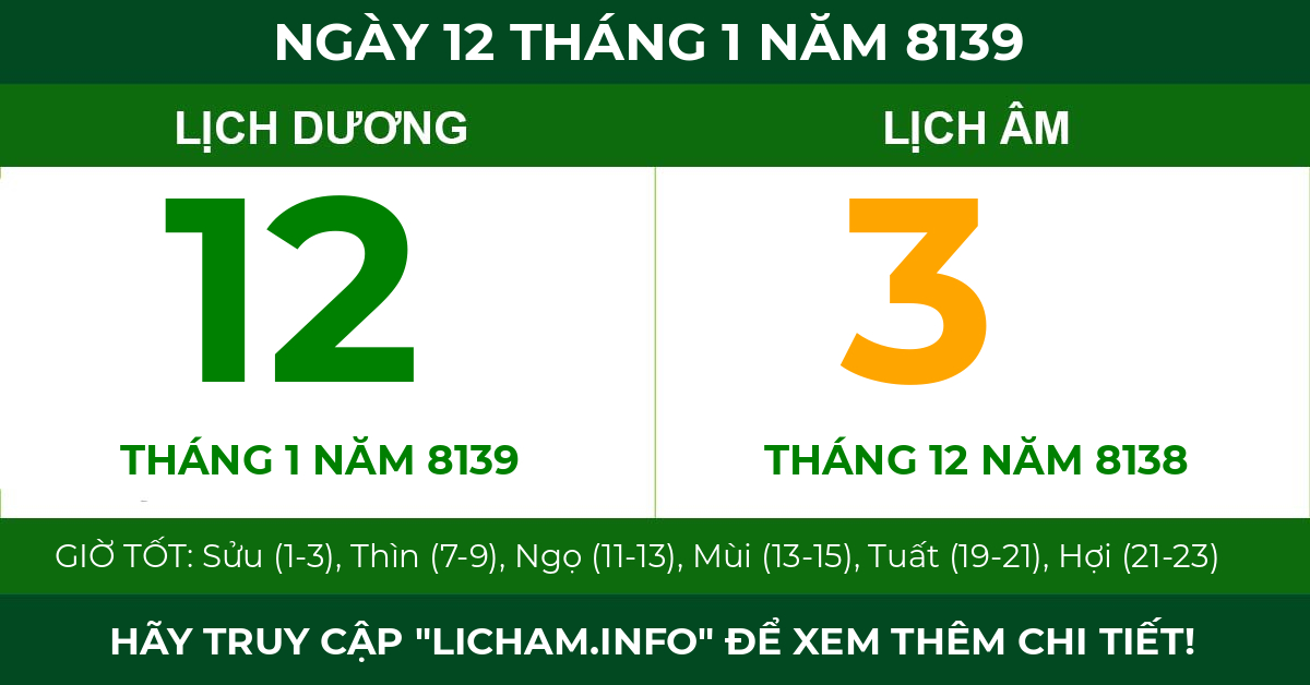 lịch âm ngày 12 tháng 1 năm 8139