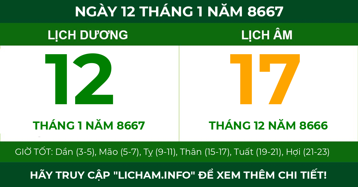lịch âm ngày 12 tháng 1 năm 8667
