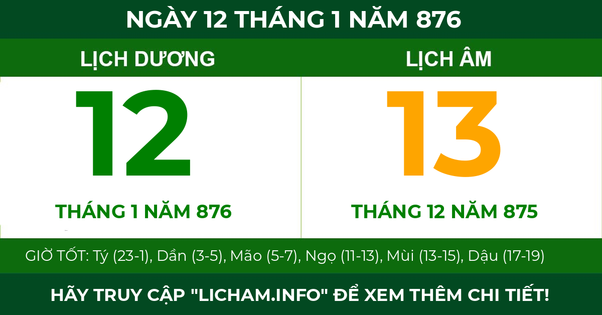 lịch âm ngày 12 tháng 1 năm 876