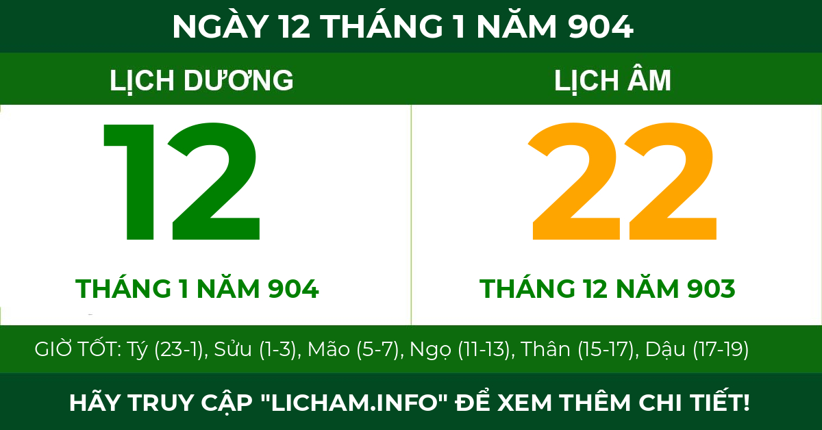 lịch âm ngày 12 tháng 1 năm 904