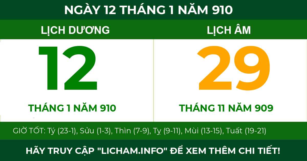 lịch âm ngày 12 tháng 1 năm 910