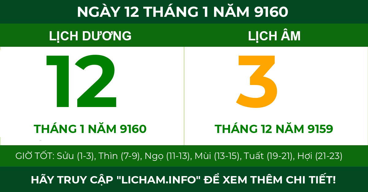lịch âm ngày 12 tháng 1 năm 9160