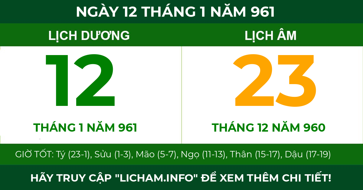 lịch âm ngày 12 tháng 1 năm 961