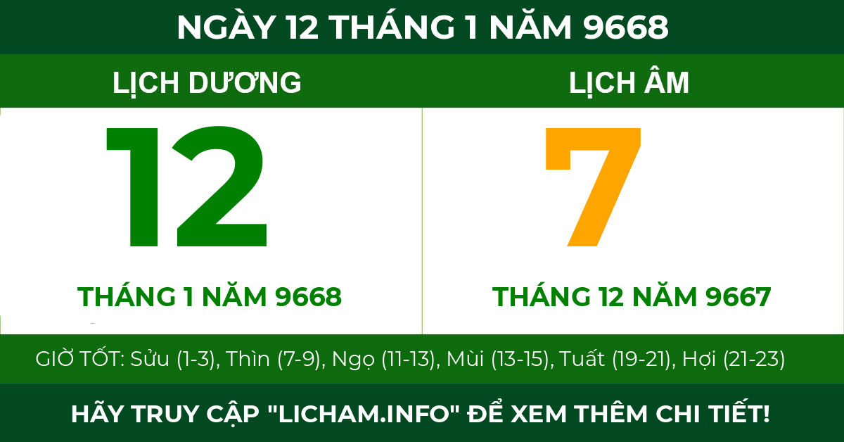 lịch âm ngày 12 tháng 1 năm 9668
