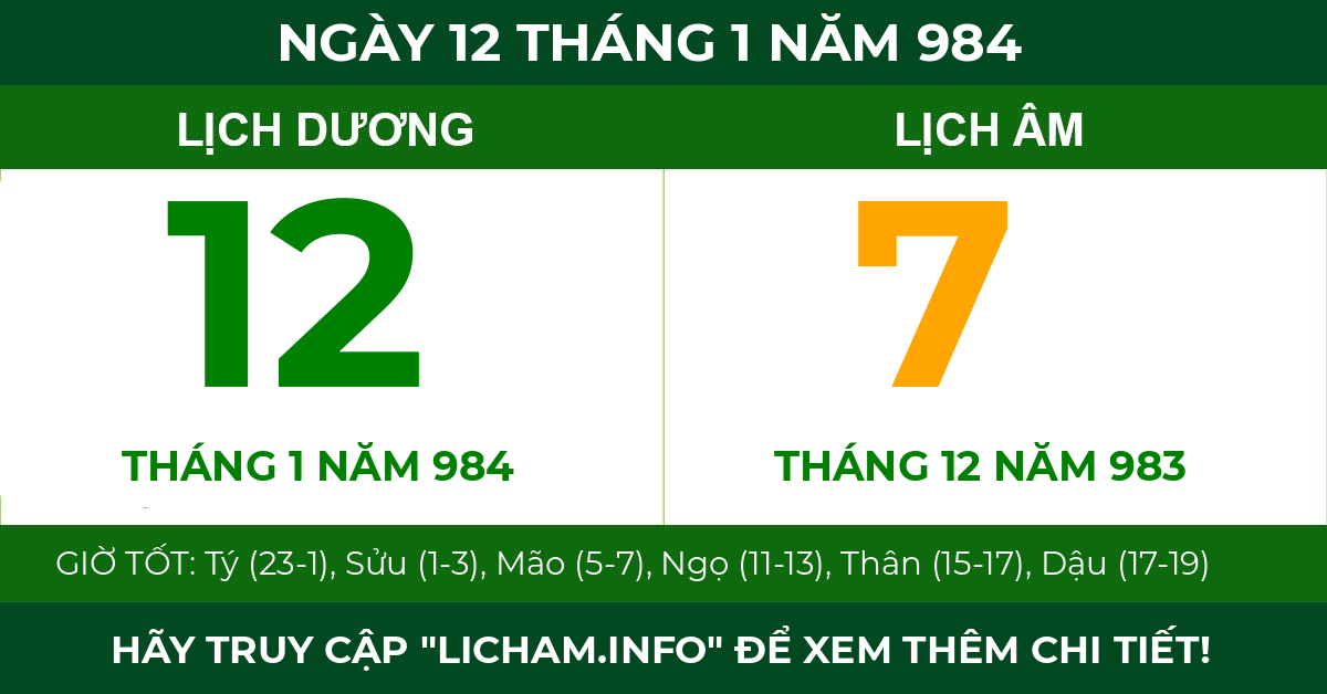 lịch âm ngày 12 tháng 1 năm 984
