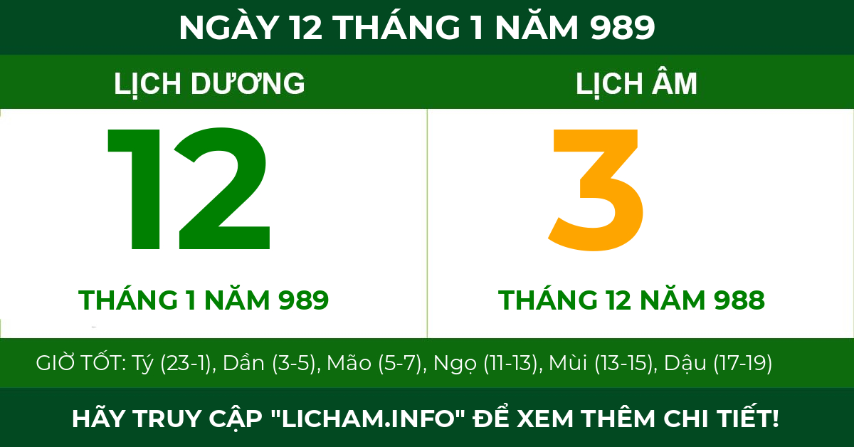 lịch âm ngày 12 tháng 1 năm 989