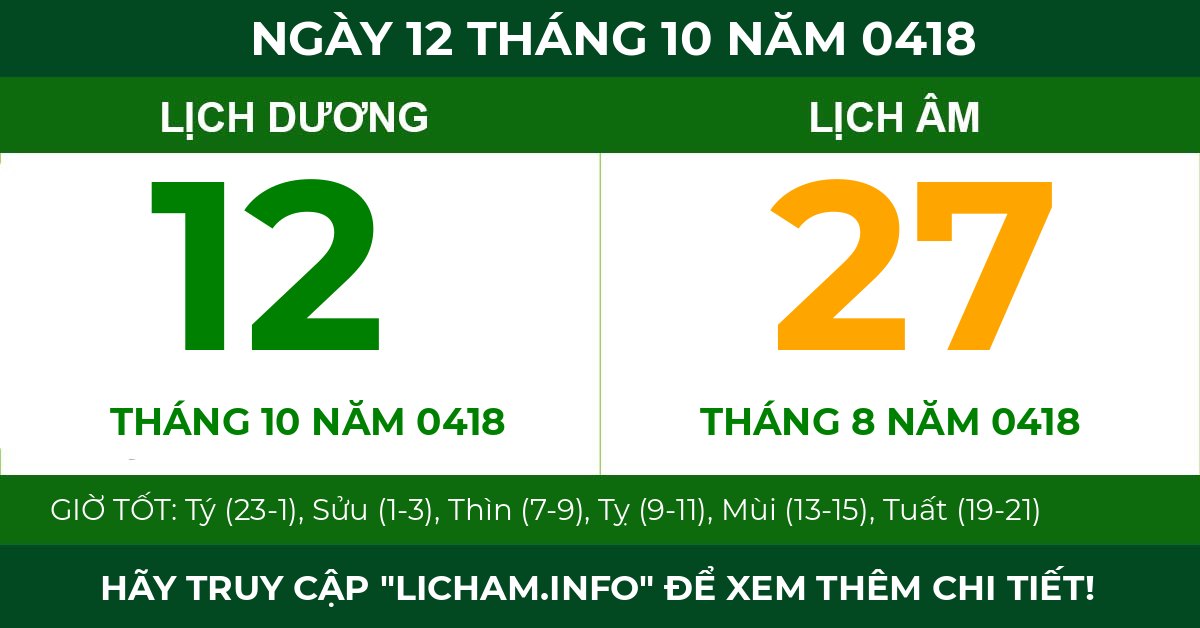 lịch âm ngày 12 tháng 10 năm 0418
