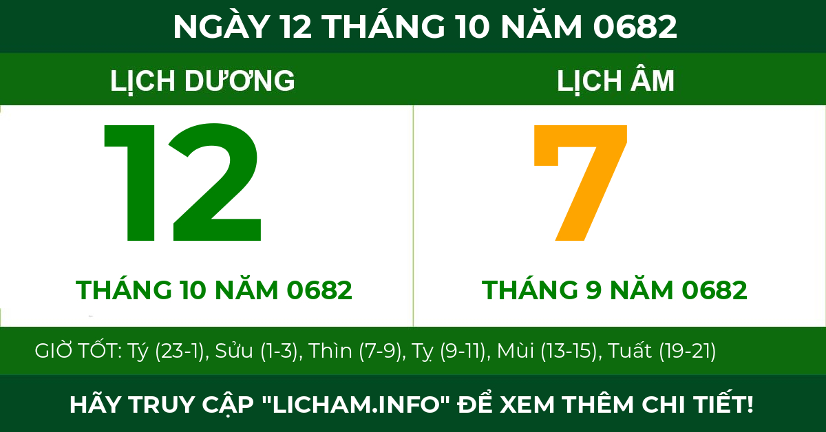 lịch âm ngày 12 tháng 10 năm 0682