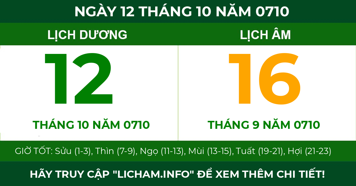lịch âm ngày 12 tháng 10 năm 0710